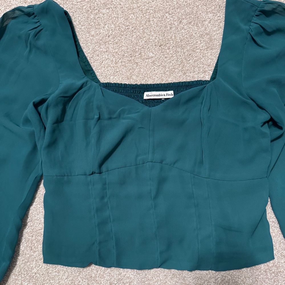 A&F - M - Green Balloon Sleeve Cropped Blouse - Picture 2 of 4